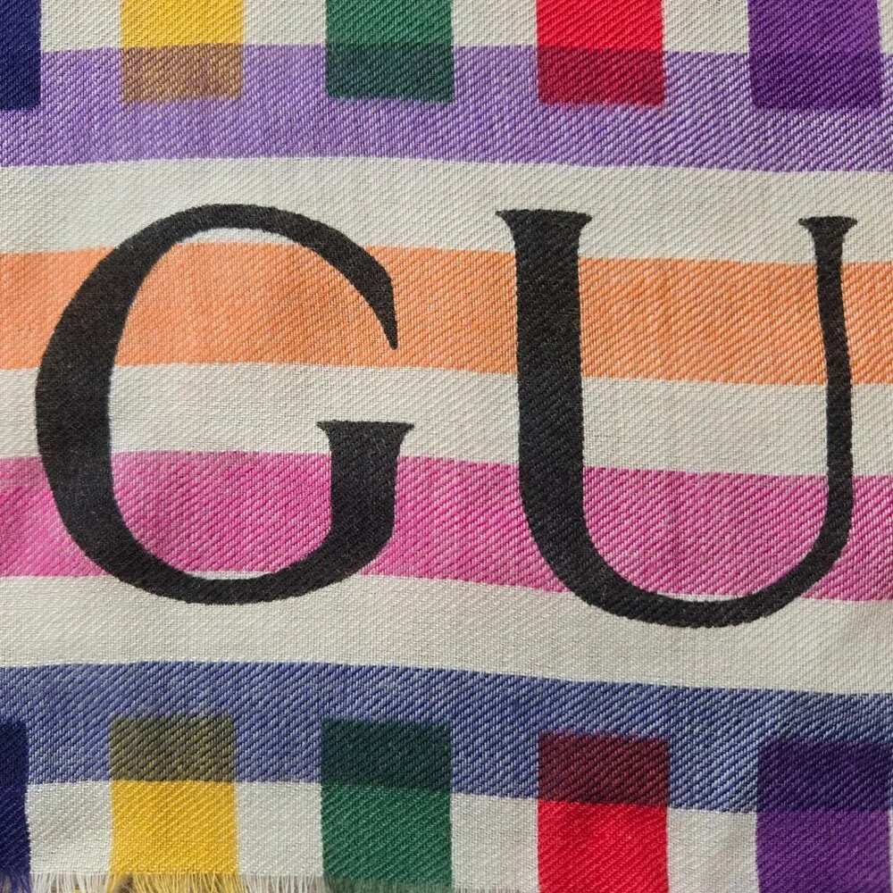 Gucci Multicolor Stripe Check Wool Shawl/Scarf - Picture 15 of 16